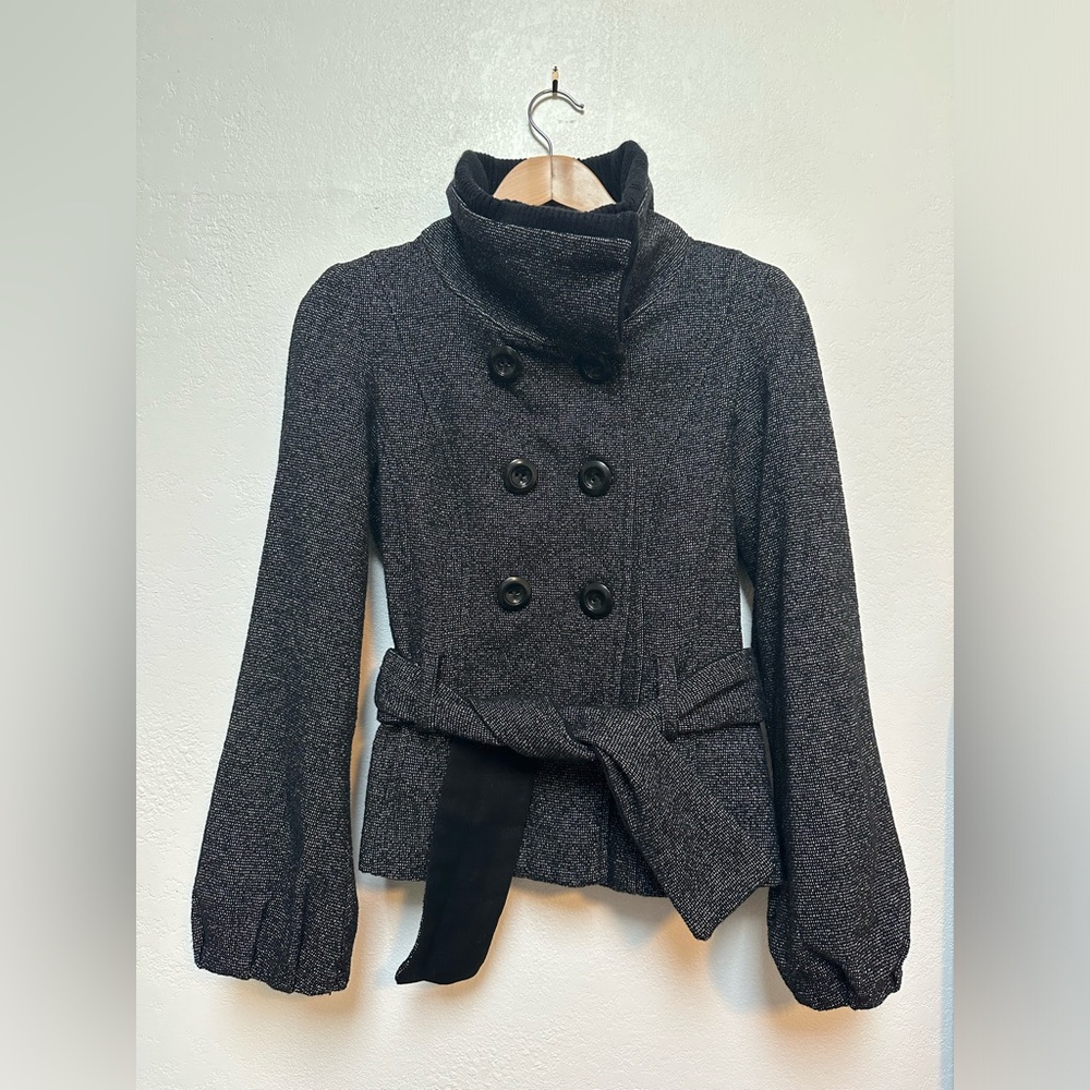 Vintage Mango Black Tweed Funnel Neck Tie Waist Wool Blend Jacket